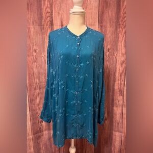 Johnny Was Teal Embroidered Button-Up Women's Top